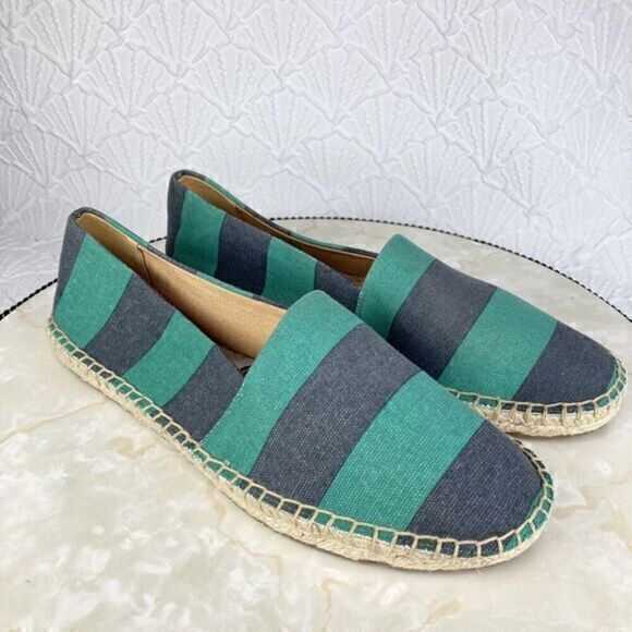 J. Crew Flats Women 8 Navy Green Kely Stripe Canvas Slip On Nautical Espadrilles - Picture 2 of 14